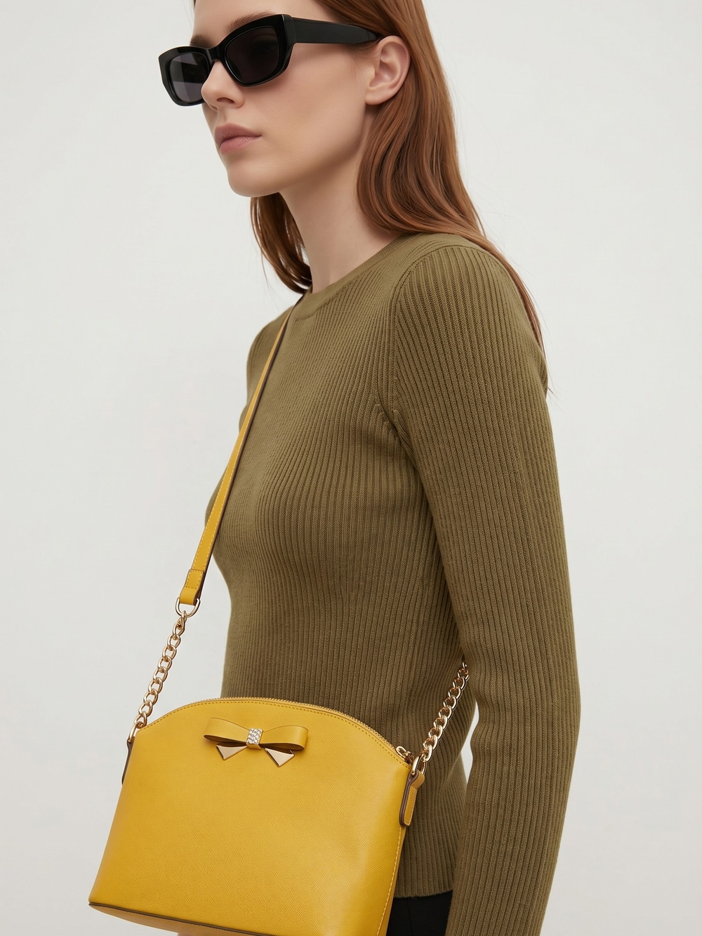 Anne Klein Slim Mustard Dome Shoulder Bag with Bow Accent and Chain Strap
